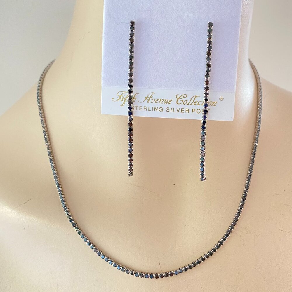FAC Sleek Black CZ Silver Tone Necklace & Earrings Set NWT​​​